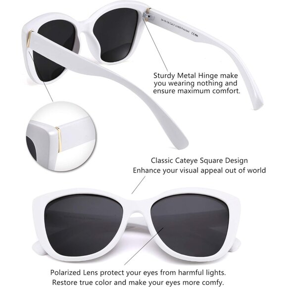 🆕Women White Polarized Cat Eye Sunglasses Vintage Jackie O American Square - Picture 4 of 7